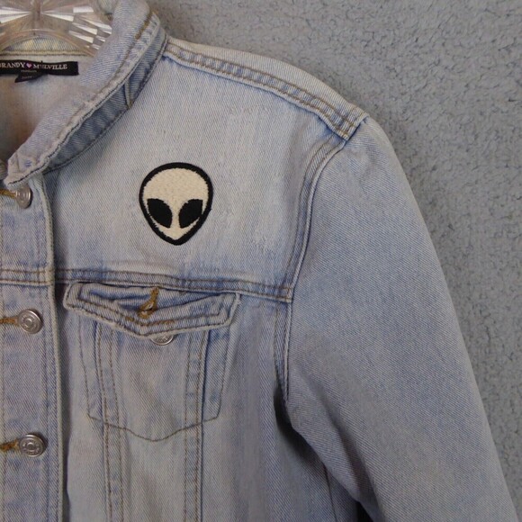 BRANDY MELVILLE Jacket Women Medium Blue Long Sleeve Distressed Light Wash Alien - Picture 3 of 12